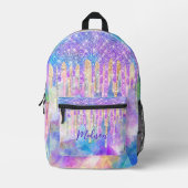 シックなブルーアクアユニコーンドリッピンググリッターモノグラム プリントバックパック (正面)