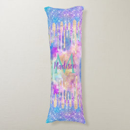 シックなブルーアクアユニコーンドリッピンググリッターモノグラム ボディピロー