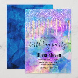 シックなブルーアクアユニコーンドリッピンググリッターモノグラム 招待状