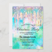 シックなブルーアクアユニコーンドリップスグリッタークリスマス 招待状 (正面)