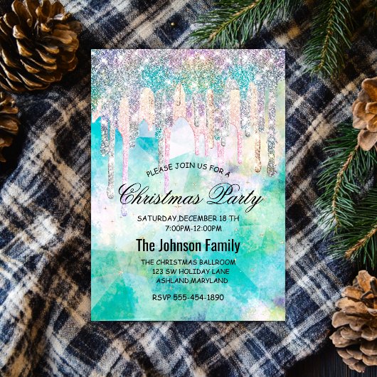 シックなブルーアクアユニコーンドリップスグリッタークリスマス 招待状