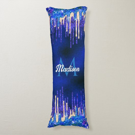 シックなブルーアクアユニコーン金ゴールドグリッタードリップスモノグラム ボディピロー (正面縦)