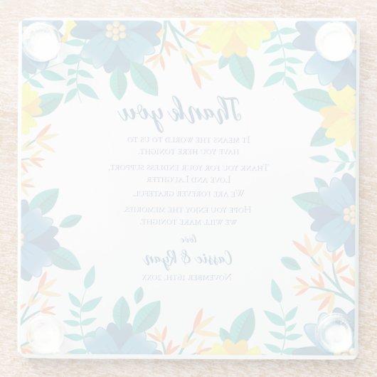 シックなブルーイエローフローラ結婚の感謝メッセージ ガラスコースター (裏面)