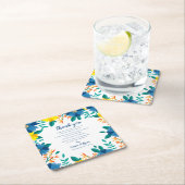シックなブルーイエローフローラ結婚の感謝メッセージ スクエアペーパーコースター (インサイチュ)