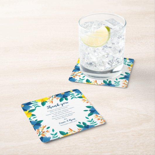 シックなブルーイエローフローラ結婚の感謝メッセージ スクエアペーパーコースター (インサイチュ)