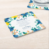 シックなブルーイエローフローラ結婚の感謝メッセージ スクエアペーパーコースター (アングル)