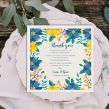 シックなブルーイエローフローラ結婚の感謝メッセージ