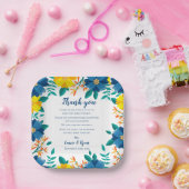 シックなブルーイエローフローラ結婚の感謝メッセージ ペーパープレート (パーティー)