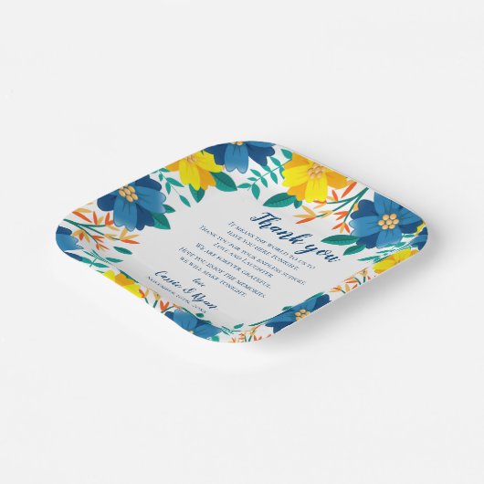 シックなブルーイエローフローラ結婚の感謝メッセージ ペーパープレート (傾斜あり)