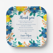 シックなブルーイエローフローラ結婚の感謝メッセージ ペーパープレート (正面)