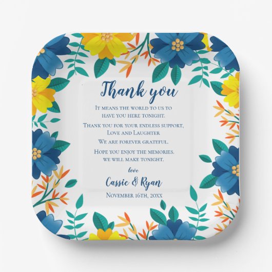 シックなブルーイエローフローラ結婚の感謝メッセージ ペーパープレート (正面)