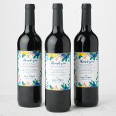 シックなブルーイエローフローラ結婚の感謝メッセージ ワインラベル (ボトル)