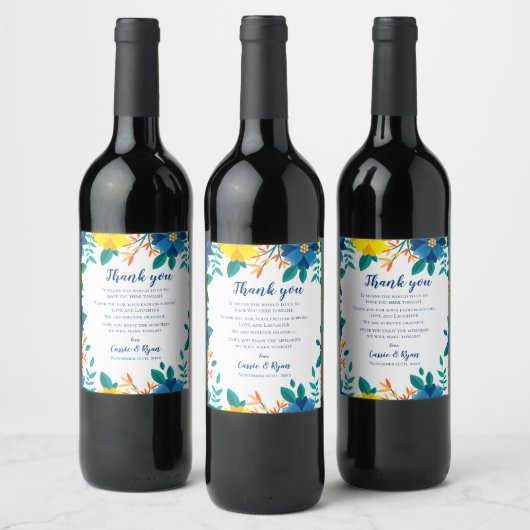 シックなブルーイエローフローラ結婚の感謝メッセージ ワインラベル (ボトル)