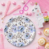 シックなブルーウォーターカラーフラワーズ紙プレート ペーパープレート (パーティー)