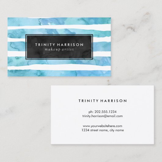 シックなブルーウォーター色のストライプ | 黒板 名刺 (正面/裏面)