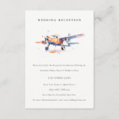 シックなブルーオレンジの赤面飛行機ウェディングレセプション エンクロージャーカード (正面)