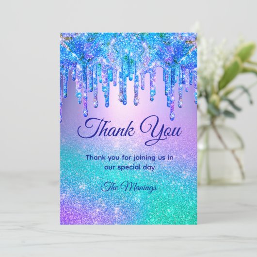 シックなブルーグラデーションパープル滴下グリッター感謝していユー カード (スタンド正面)