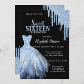 シックなブルーグリッタードリップスブルードレスブラック 招待状 (正面/裏面)