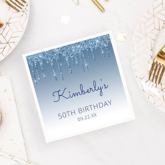 シックなブルーグリッタードリップバースデーパーティー スタンダードカクテルナプキン
