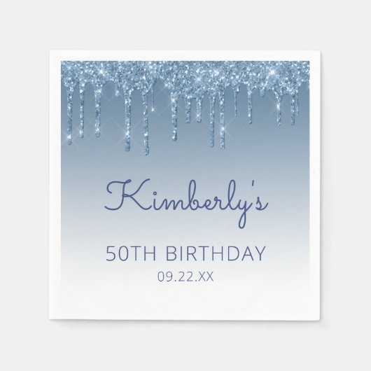 シックなブルーグリッタードリップバースデーパーティー スタンダードカクテルナプキン (正面)
