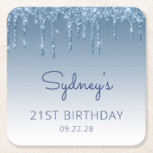 シックなブルーグリッタードリップ21st誕生日パーティー スクエアペーパーコースター (正面)