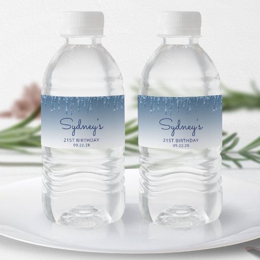 シックなブルーグリッタードリップ21st誕生日パーティー ペットボトルラベル