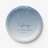 シックなブルーグリッタードリップ21st誕生日パーティー ペーパープレート (正面)