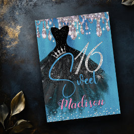 シックなブルーシルバーグリッタードリップスウィート16 招待状