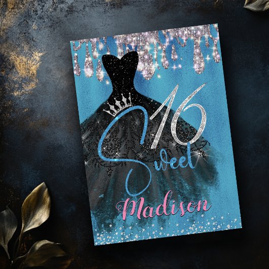 シックなブルーシルバーグリッタードリップスウィート16 招待状