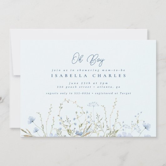 シックなブルースカイワイルドフラワーズボーイベビーシャワー 招待状 (正面)