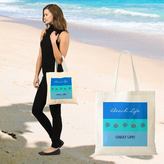 シックなブルーストライプの魚とシーシェルビーチライフ トートバッグ