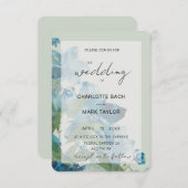 シックなブルーセージ緑の水のカラーフローラ 招待状 (正面/裏面)