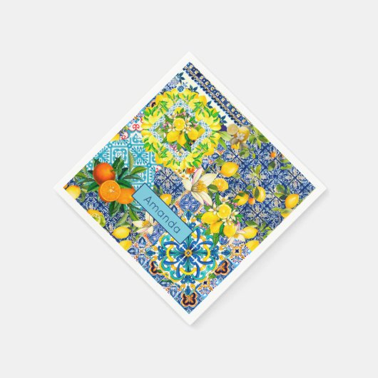 シックなブルーターコイズシチリアの柑橘系フローラタイル スタンダードカクテルナプキン (角)