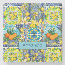 シックなブルーターコイズシチリアの柑橘系フローラタイル ストーンコースター