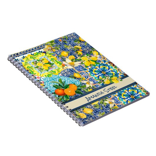 シックなブルーターコイズシチリアの柑橘系フローラタイル ノートブック (右側)