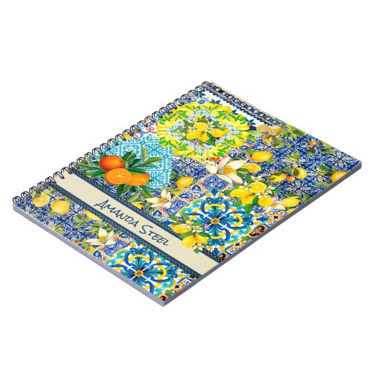 シックなブルーターコイズシチリアの柑橘系フローラタイル ノートブック (左側)