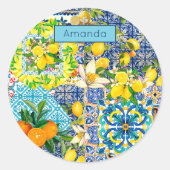 シックなブルーターコイズシチリアの柑橘系フローラタイル ラウンドシール (正面)