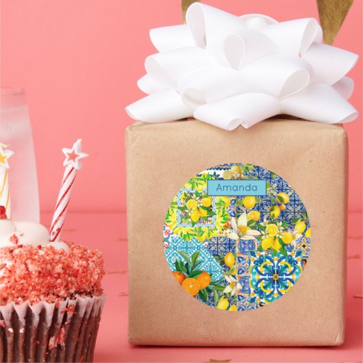 シックなブルーターコイズシチリアの柑橘系フローラタイル ラウンドシール (パーティー)