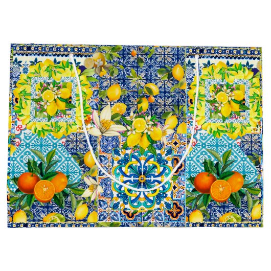 シックなブルーターコイズシチリアの柑橘系フローラタイル ラージペーパーバッグ (裏面)