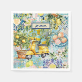 シックなブルーターコイズシチリア柑橘系コラージュフローラ スタンダードカクテルナプキン