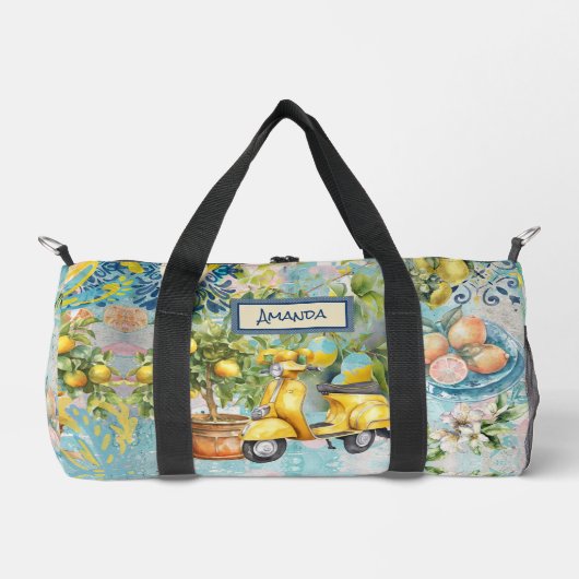 シックなブルーターコイズシチリア柑橘系コラージュフローラ ダッフルバッグ (正面)