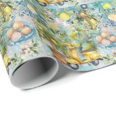 シックなブルーターコイズシチリア柑橘系コラージュフローラ ラッピングペーパー (ロールコーナー)