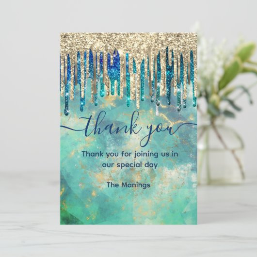 シックなブルーターコイズ金ゴールドグリッターがドライ感謝していブアップ カード (スタンド正面)