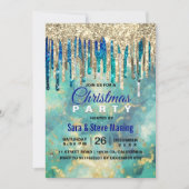 シックなブルーターコイズ金ゴールドグリッタードリップクリスマス 招待状 (正面)