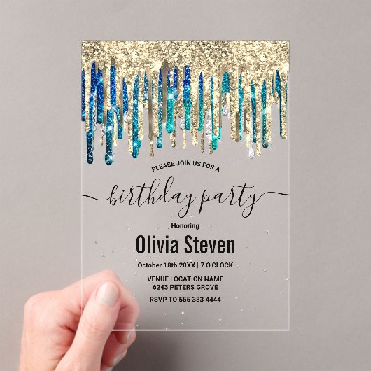 シックなブルーターコイズ金ゴールドグリッタードリップスバースデー アクリル招待状 (インサイチュ (ポータブル))
