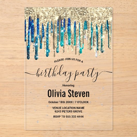 シックなブルーターコイズ金ゴールドグリッタードリップスバースデー アクリル招待状 (正面)
