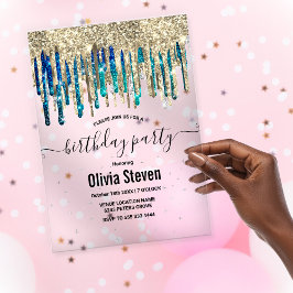シックなブルーターコイズ金ゴールドグリッタードリップスバースデー アクリル招待状