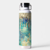 シックなブルーターコイズ金ゴールドグリッタードリップモノグラム ウォーターボトル (背面)