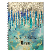 シックなブルーターコイズ金ゴールドグリッタードリップモノグラム ノートブック (正面)