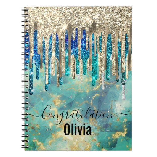 シックなブルーターコイズ金ゴールドグリッタードリップモノグラム ノートブック (正面)